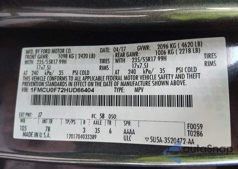 2017 Ford Escape S from USA, damaged, VIN 1FMCU0F72HUD66404